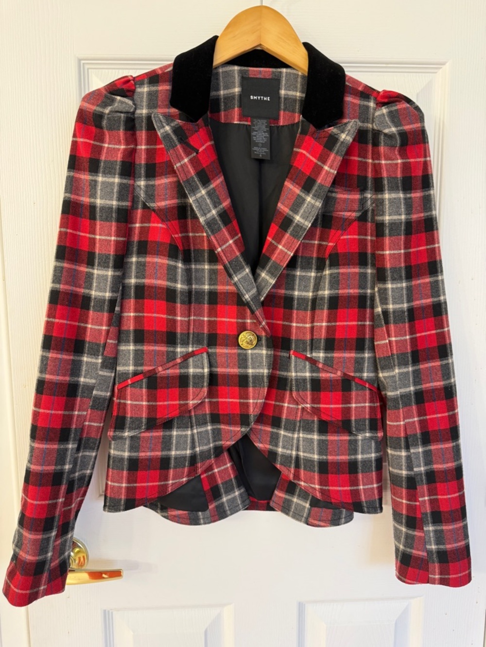 Smythe Red Black Gray Plaid Velvet-Collar Single-Button Blazer